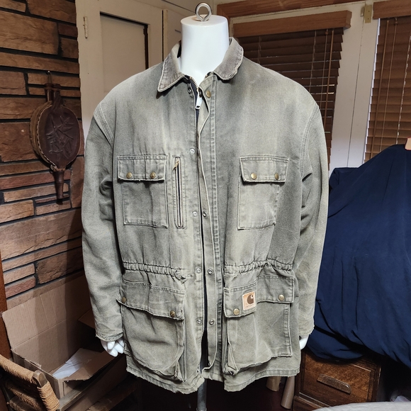 VTG. Carhartt Duck Canvas Blanket Lined Barn Jacket In Faded Olive Mens - L / XL